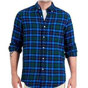 NWT Club Room Mens Regular Fit Plaid Flannel Button Down Shirt Blue/Green Medium